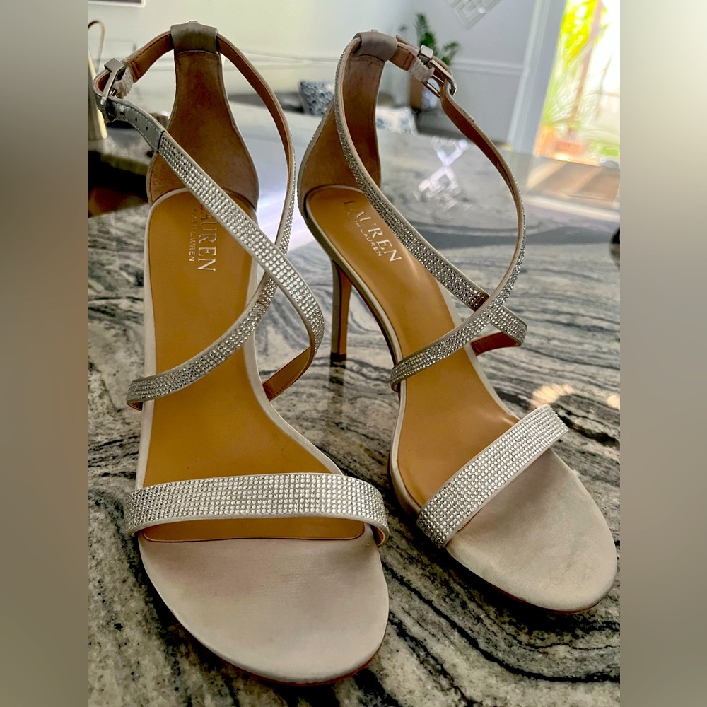 Lauren by Ralph Lauren silver rhinestone sandals 38.5 worn once. Heel 3.5”